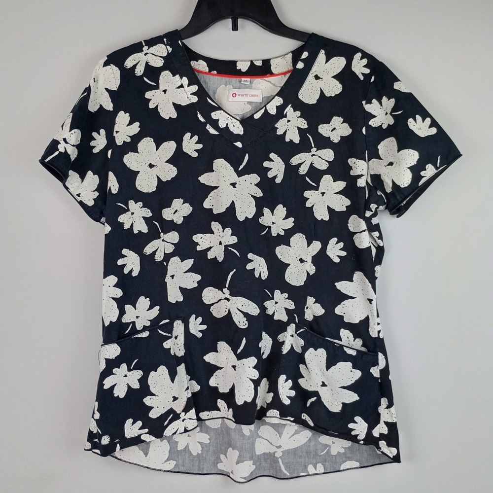 White Cross Womens M Black Floral V-Neck Short Sleeve Pocket Nurse Scrub Top